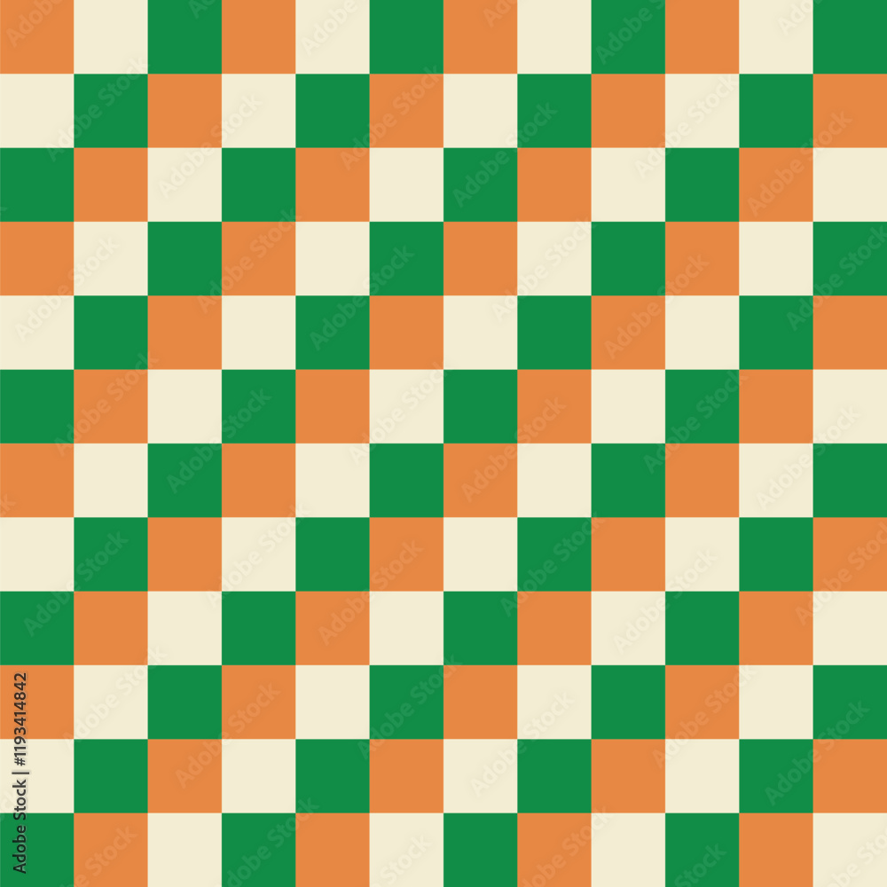 Irish tricolour concept checkered seamless pattern. Traditional flag colours symbol. St. Patrick's spring Celtic culture celebration. Classic geometrical square grid vector illustration background Irish tricolour concept checkered seamless pattern. Traditional flag colours symbol. St. Patrick's spring Celtic culture celebration. Classic geometrical square grid vector illustration background