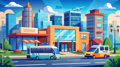 Cityscape and company buildings , minibus and van on street vector illustration.Business buildings and public bus stop in urban.Smart city with sky