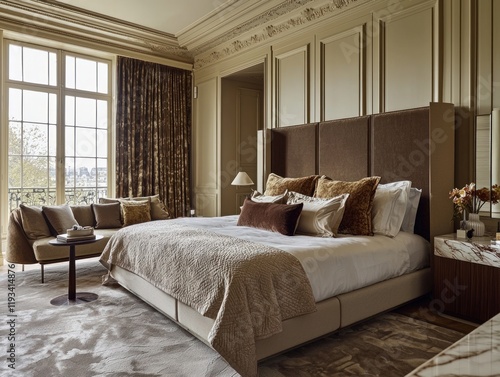 A luxurious large bedroom with marble accents and a central bed, adorned in delicate beige tones like ivory, milk, brown, and taupe photo