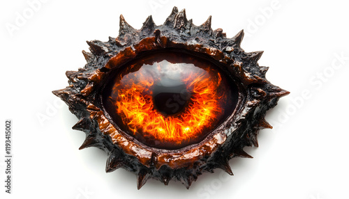 Close-up of the demon eye. Pupil with flame, fire. Evil look. The inferno Gates isolated on white background
