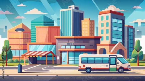 Cityscape and company buildings , minibus and van on street vector illustration.Business buildings and public bus stop in urban.Smart city with sky