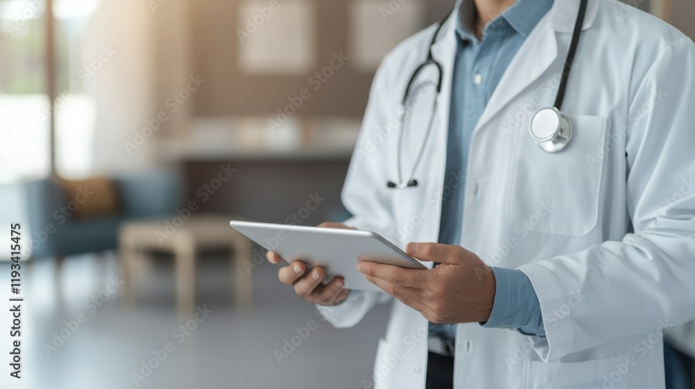 Doctor in White Coat Using Tablet in Modern Healthcare Environment with Soft Lighting and Professional Attire in a Contemporary Setting Doctor in White Coat Using Tablet in Modern Healthcare Environment with Soft Lighting and Professional Attire in a Contemporary Setting