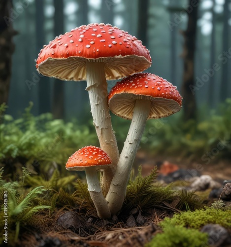 Amanita muscaria mushroom with distinctive stem color, fungal reproduction, fungal morphology photo