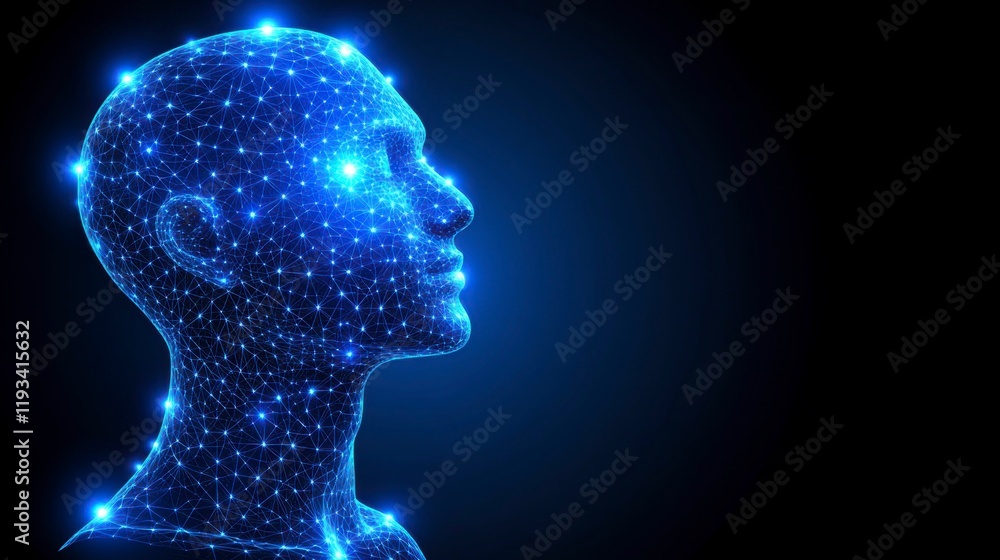 A futuristic visualization of a male head constructed from glowing digital particles, symbolizing artificial intelligence and virtual reality advancements for AI-themed backgrounds A futuristic visualization of a male head constructed from glowing digital particles, symbolizing artificial intelligence and virtual reality advancements for AI-themed backgrounds