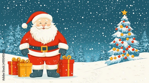 Jolly Santa Claus stands beside gifts, snowy Christmas tree, winter night. photo