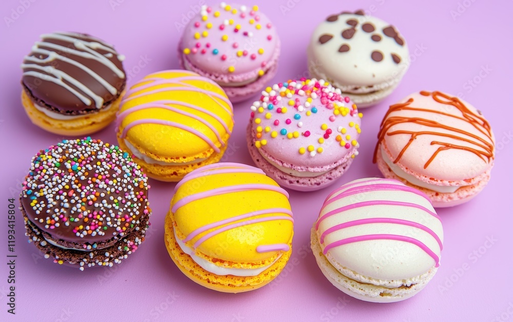 A mix of bright macarons with sprinkles and chocolate drizzle on a pastel lavender background A mix of bright macarons with sprinkles and chocolate drizzle on a pastel lavender background
