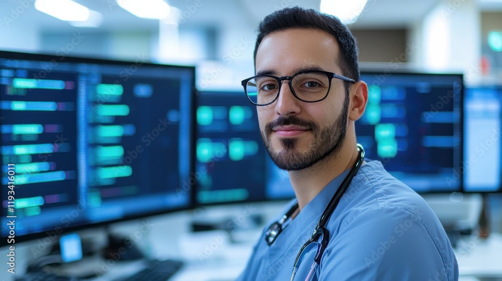 Fototapeta premium Young male healthcare professional with glasses wearing scrubs in a medical office setting, engaged with multiple computer screens and health data analysis