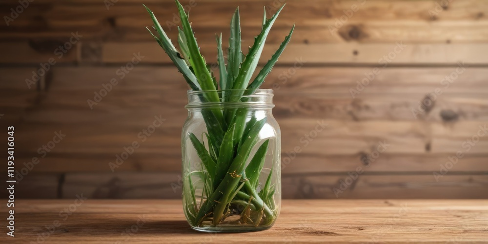 Aloe vera leaves and stems in a glass jar on a wooden table, wooden table top, earthy tone , plant stems Aloe vera leaves and stems in a glass jar on a wooden table, wooden table top, earthy tone , plant stems