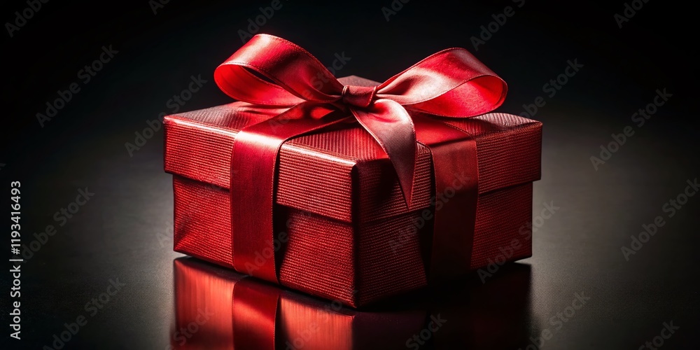 Obraz premium Dramatic Low-Light Red Gift Box with Shiny Ribbon on Black Background - Stock Photo
