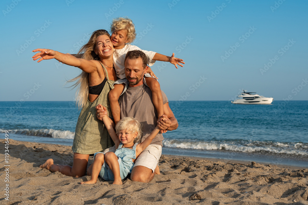 Happy Family Embracing on a Sunny Beach Happy Family Embracing on a Sunny Beach
