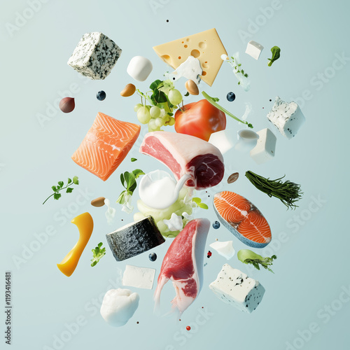 futuristic artfull looking food consisting of meat, cheese, tofu, milk, fish, seaweed and alternative proteins in the air on a light blue backround. photo