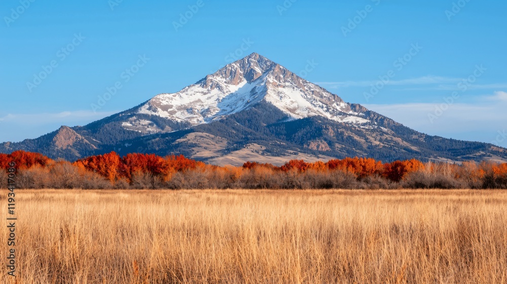 Majestic snow-capped mountain peak with autumnal foliage in foreground. Majestic snow-capped mountain peak with autumnal foliage in foreground.