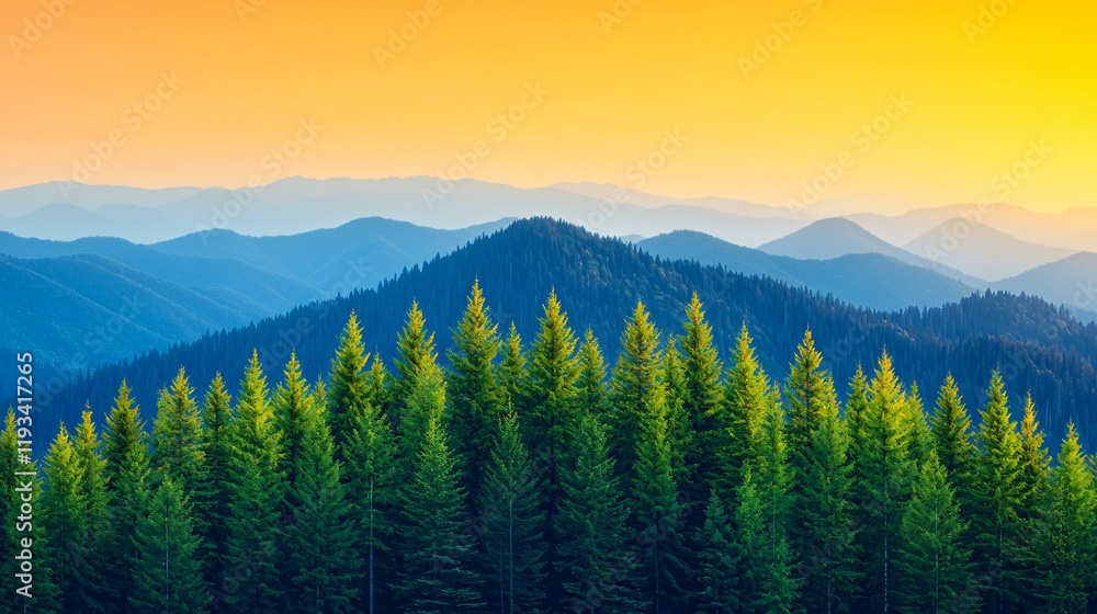Fototapeta premium Majestic sunset over layered mountains and a row of evergreen trees.