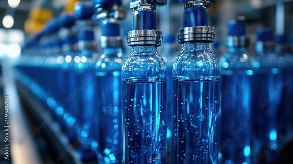 Clear Blue Bottled Water on Production Line in a Factory with Bubbles and Modern Equipment in a Brightly Lit Environment