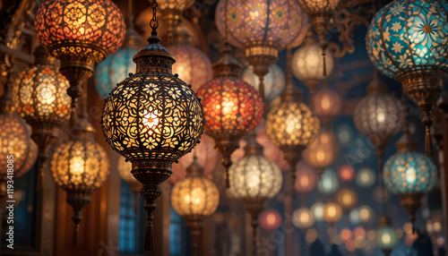 Colorful Traditional Lanterns Illuminating a at Night photo