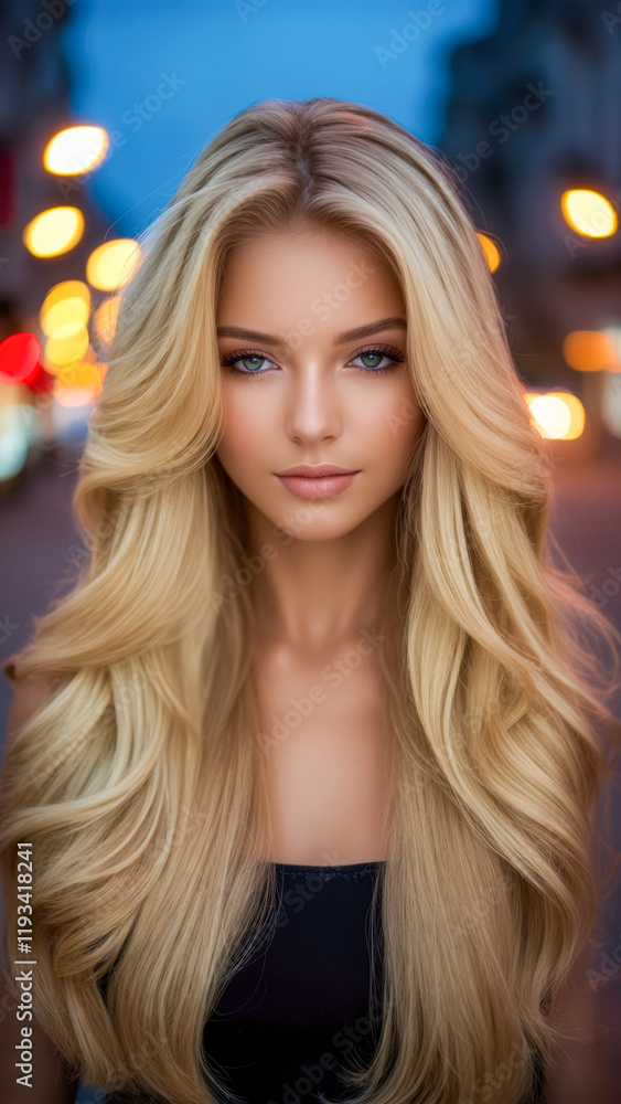 Fototapeta premium Stunning young woman with long blonde hair poses confidently in a bustling city street during twilight, illuminated by warm streetlights and vibrant reflections