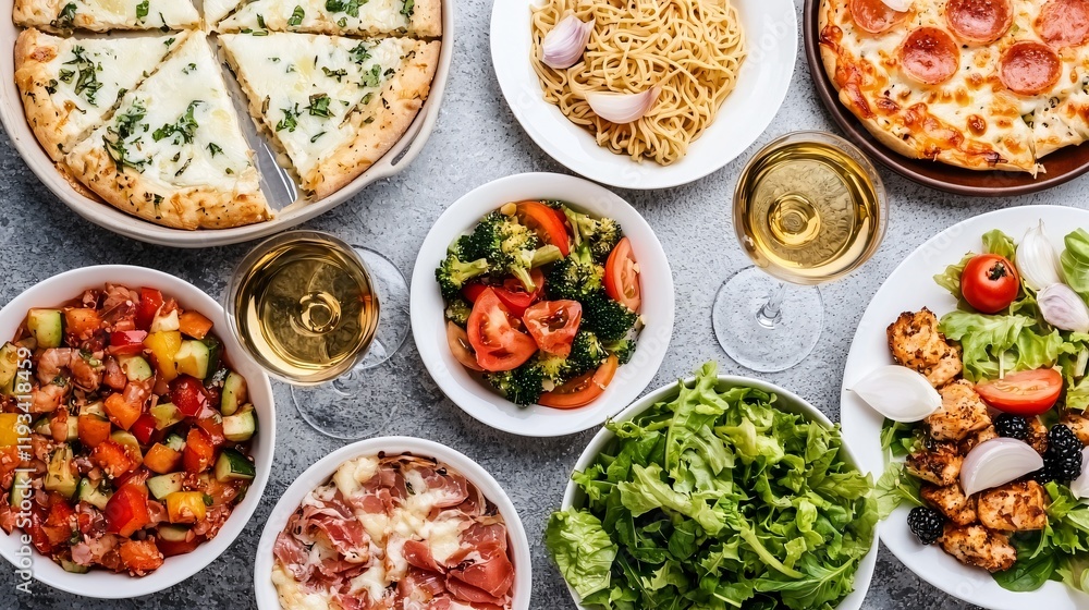 Overhead view of a delicious Italian meal with pizza, pasta, salads, and wine. Overhead view of a delicious Italian meal with pizza, pasta, salads, and wine.
