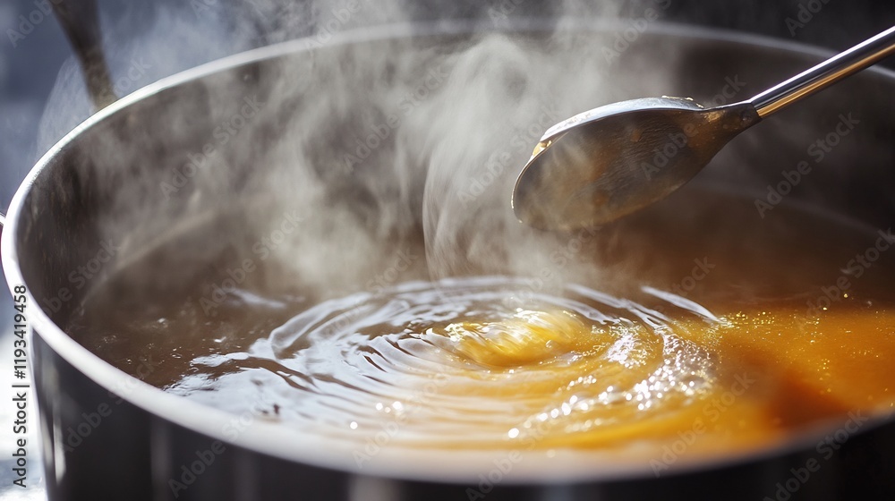 Depiction of stirring showcasing ladle swirling in a pot of steaming soup Depiction of stirring showcasing ladle swirling in a pot of steaming soup