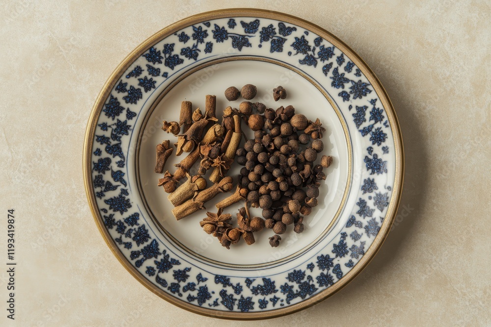 A Decorative Bowl Featuring Dried Spices in a Flat Lay Shot with Natural Lighting Set Against a Festive Table Background A Decorative Bowl Featuring Dried Spices in a Flat Lay Shot with Natural Lighting Set Against a Festive Table Background