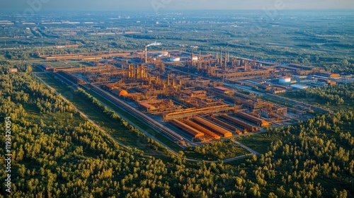 An aerial view of a sprawling oil refinery, with numerous pipelines extending in all directions, connecting different parts of the plant and leading to storage or transportation facilities. photo