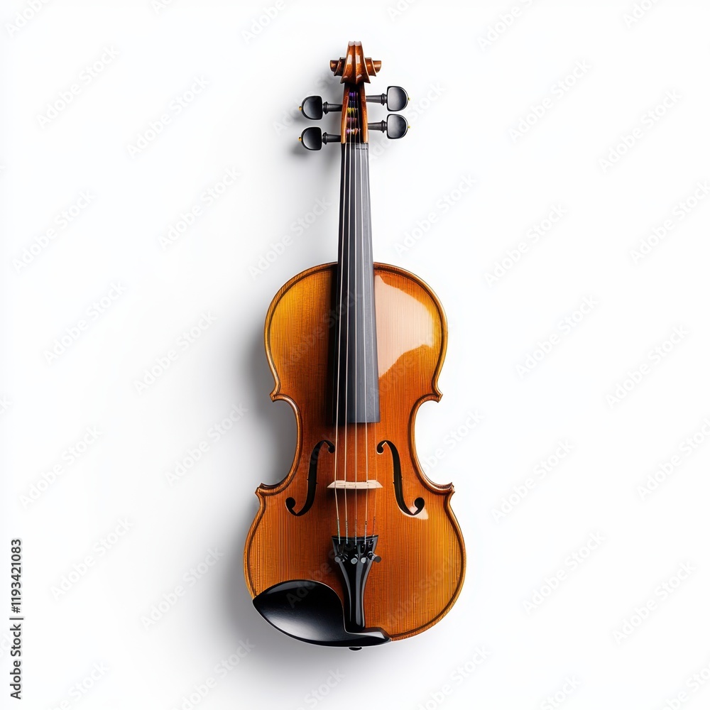 Fototapeta premium A finely crafted violin is showcased on a white background, accompanied by a bow and a bow rest, highlighting its elegance and artistry.