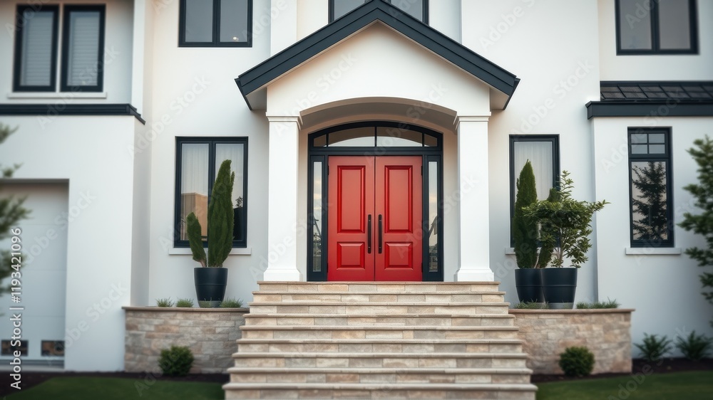 Modern home exterior showcasing a vibrant red double door entryway with stone steps and landscaping Modern home exterior showcasing a vibrant red double door entryway with stone steps and landscaping