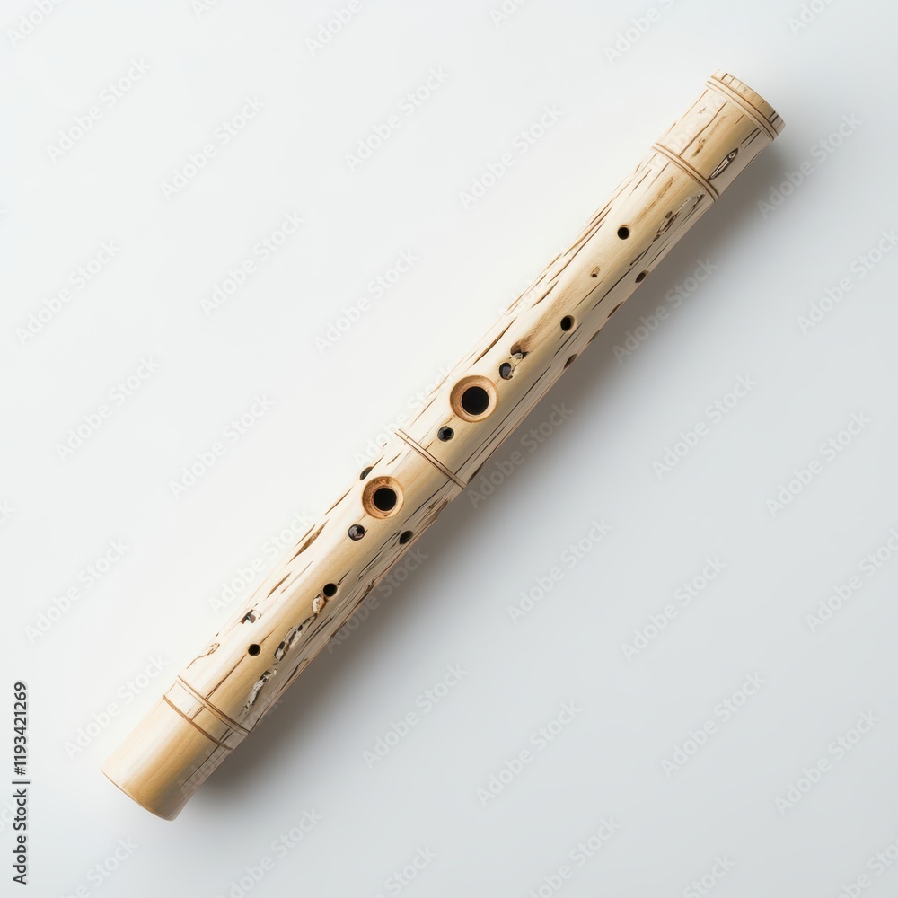 Fototapeta premium A wooden flute featuring multiple holes, illustrating craftsmanship and musical potential in a classic design.