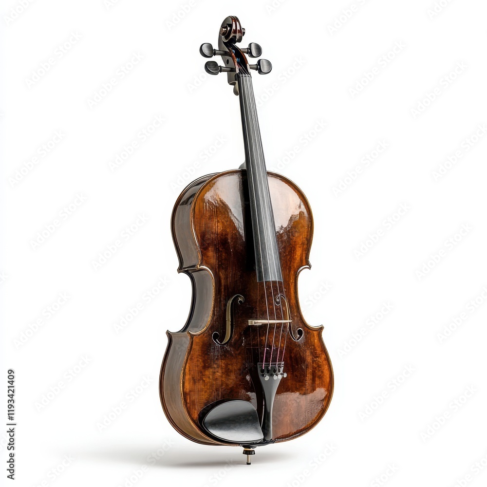 Fototapeta premium A detailed close-up of a violin resting on a stand, showcasing its intricate design and craftsmanship against a clean white background.