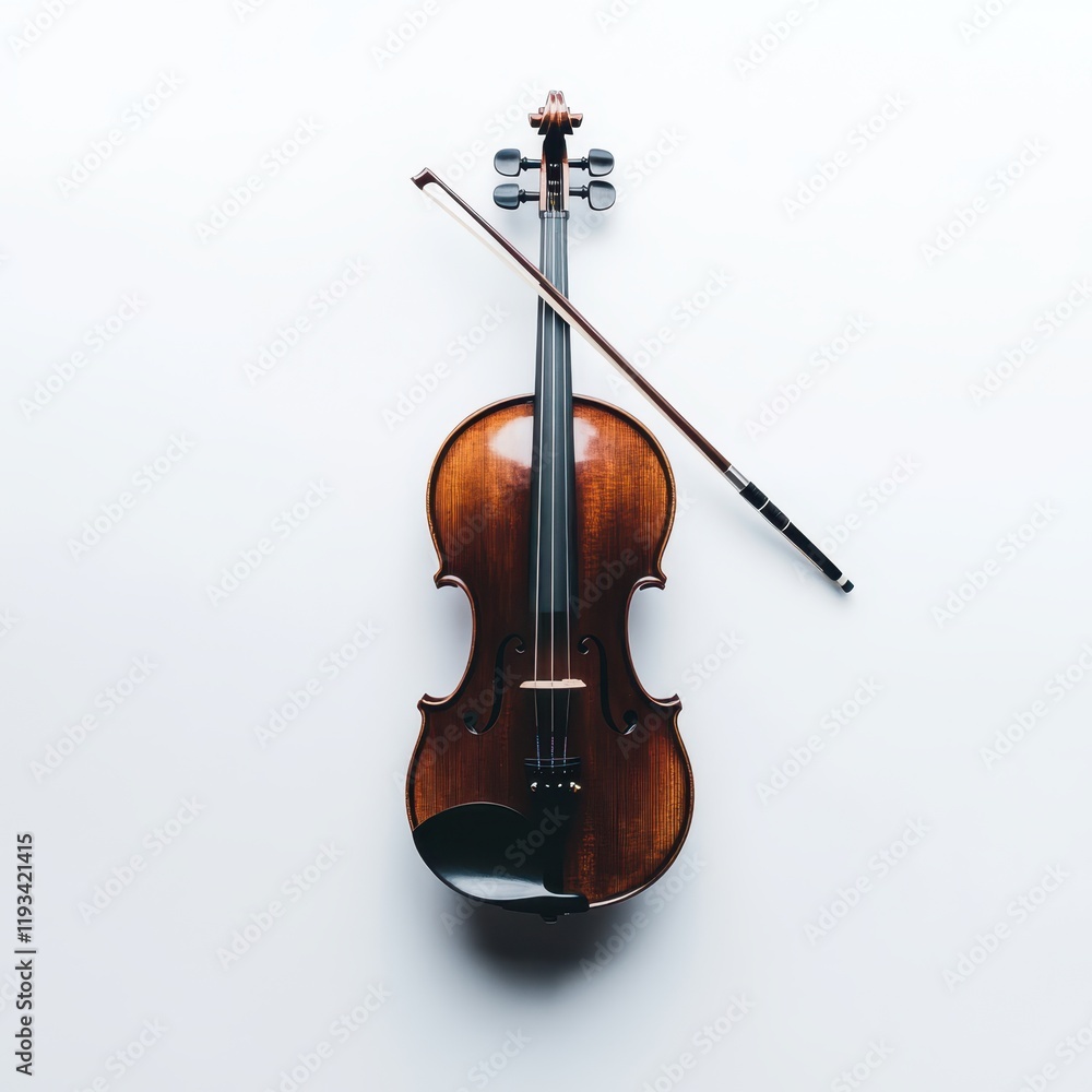 Fototapeta premium A detailed close-up of a violin and bow set against a clean white background, showcasing the instrument's craftsmanship and elegance.