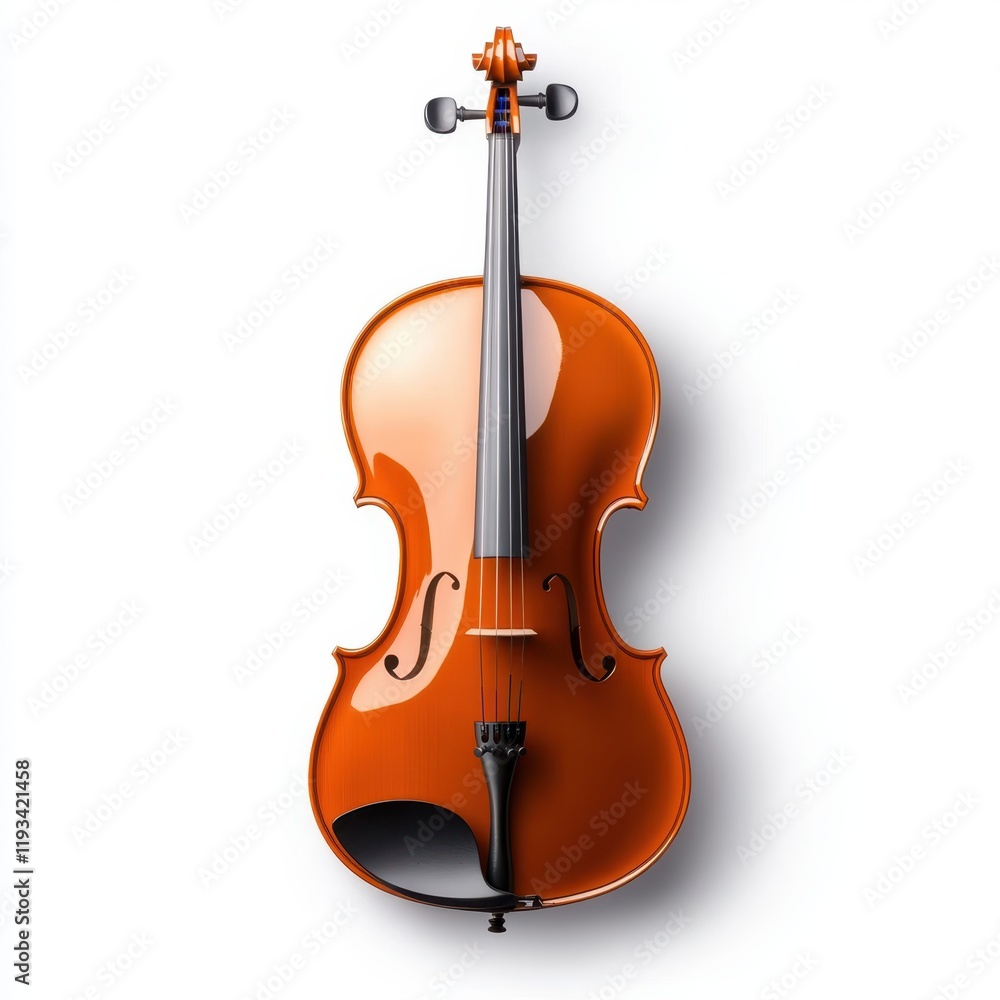 Fototapeta premium A detailed close-up of a violin resting on a white background, accompanied by a bow, showcasing its elegant craftsmanship and design features.