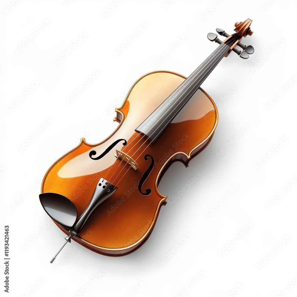 Fototapeta premium A detailed close-up of a violin with a bow, elegantly showcased against a pristine white background, emphasizing its craftsmanship and beauty.