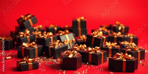 A profusion of elegant black gift boxes adorned with golden ribbons, scattered against a vibrant red backdrop.
