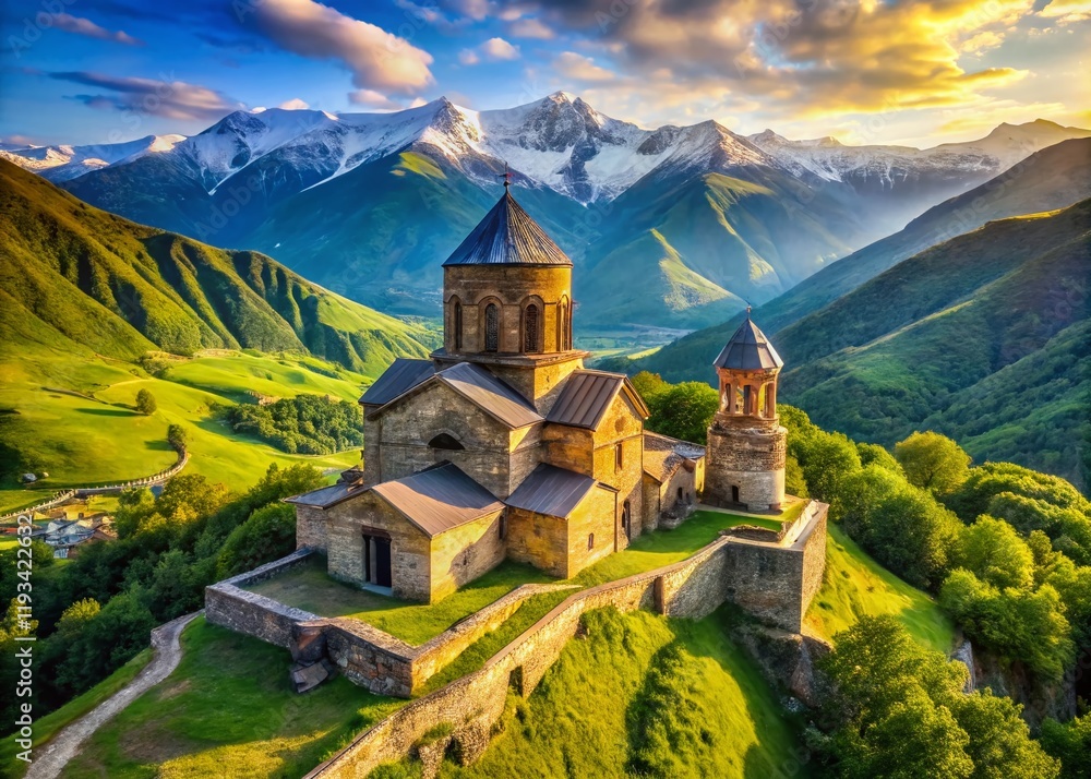Fototapeta premium Drone View: Georgian Church nestled in Green Caucasus Mountains