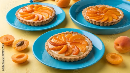 Wallpaper Mural Apricot Tartlets Three Mini Tarts, Blue Plates, Yellow Background, Food Photography, Pastry, Dessert pastry, dessert Torontodigital.ca