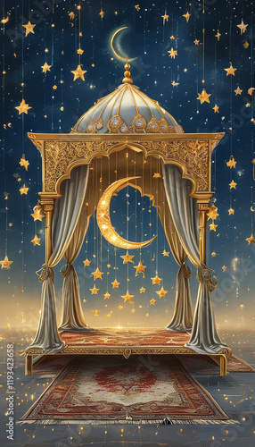 Ramadan product display podium background, Starry Eid night, canopy of gold and silver stars, crescent shapes and an ornate rug draped at the base, ad, podium platform, product presentation space