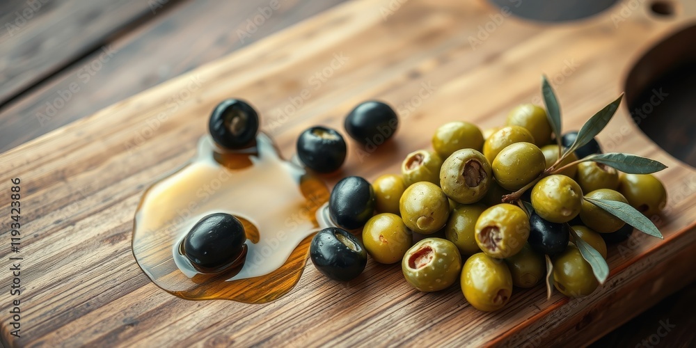 Close-up of assorted olives and olive oil on wooden board Close-up of assorted olives and olive oil on wooden board