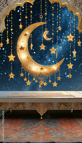 Ramadan product display podium background, Starry Eid night, canopy of gold and silver stars, crescent shapes and an ornate rug draped at the base, ad, podium platform, product presentation space
