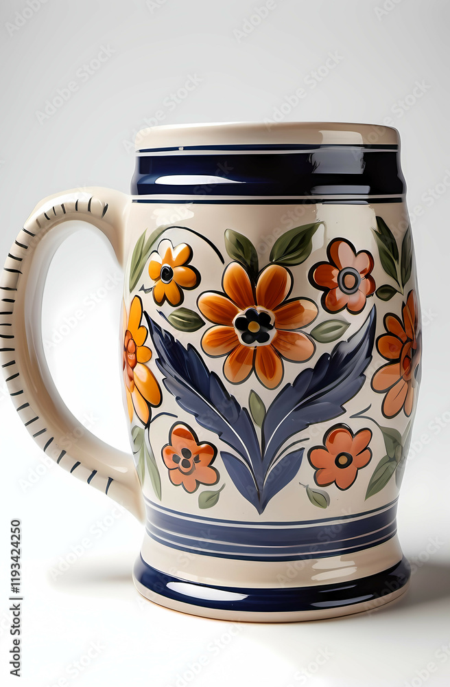 A ceramic beer mug with hand-painted floral patterns Generative AI A ceramic beer mug with hand-painted floral patterns Generative AI