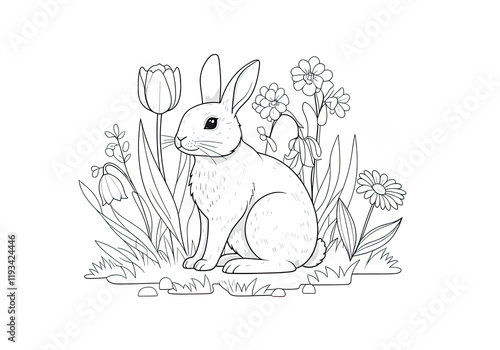 Coloring Page of a Rabbit Amidst Spring Flowers: Tulips, Daisies, and More. Easter card photo