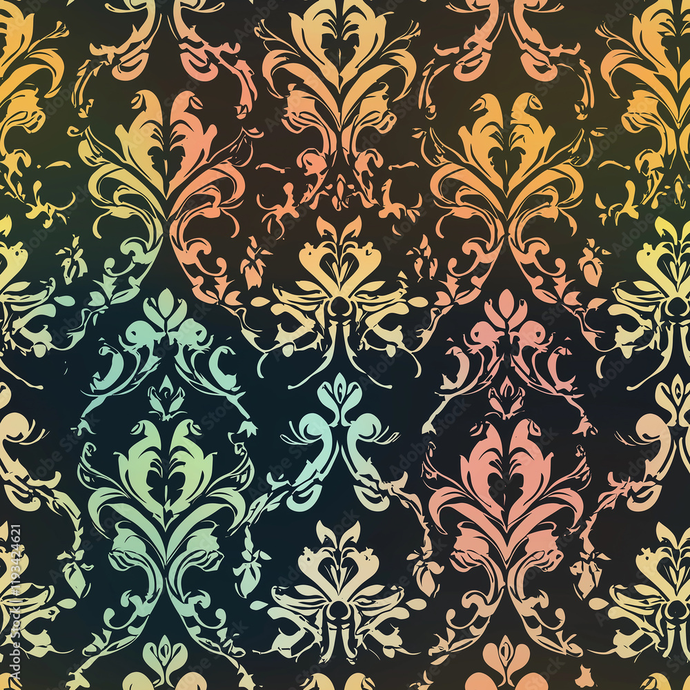 Damask seamless pattern motifs Colorful damask pattern with intricate floral designs on a dark background. Damask seamless pattern motifs Colorful damask pattern with intricate floral designs on a dark background.