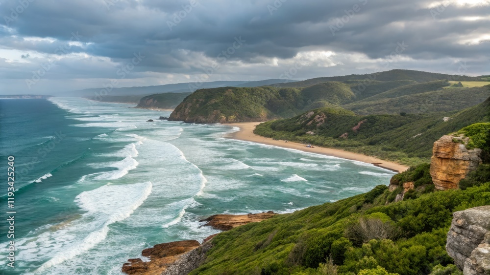 Fototapeta premium Coastal Landscape Aerial View of Ocean Waves Crashing on Sandy Beach, Green Cliffs, Dramatic Clouds, Composition, Image Coastal Photography, Landscape Photography