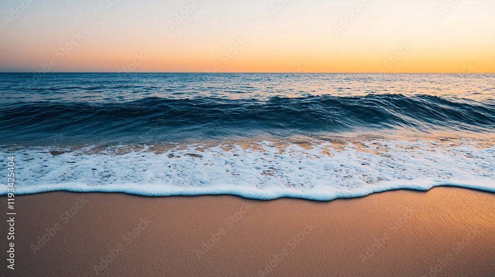 Serene sunset ocean waves gently lapping sandy beach. Serene sunset ocean waves gently lapping sandy beach.