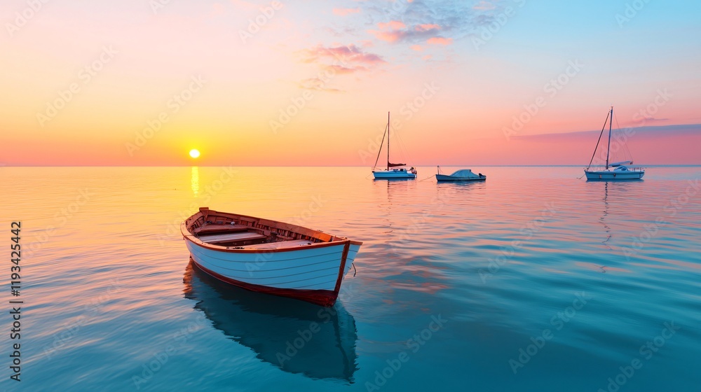 Serene sunset over calm ocean with small sailboat and rowboat. Serene sunset over calm ocean with small sailboat and rowboat.