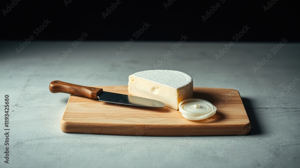 A wheel of creamy cheese rests on a wooden board next to a small knife and thinly sliced onion rings A wheel of creamy cheese rests on a wooden board next to a small knife and thinly sliced onion rings