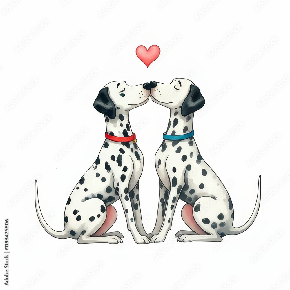 Dalmatian Love Kiss - Two Dalmatian dogs sitting, facing each other, tenderly kissing.  Symbolizing love, affection, companionship, loyalty, and happiness.