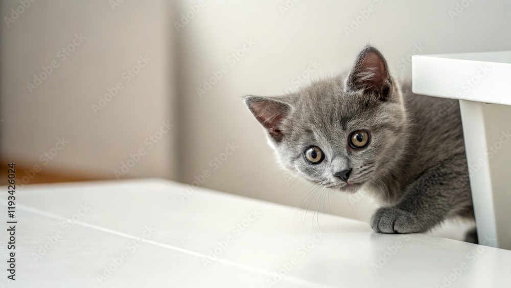 Naklejka premium Curious Grey Kitten peeking from behind white furniture, close-up portrait, shallow depth of field, soft light. Kitten Photography, Cat Portrait