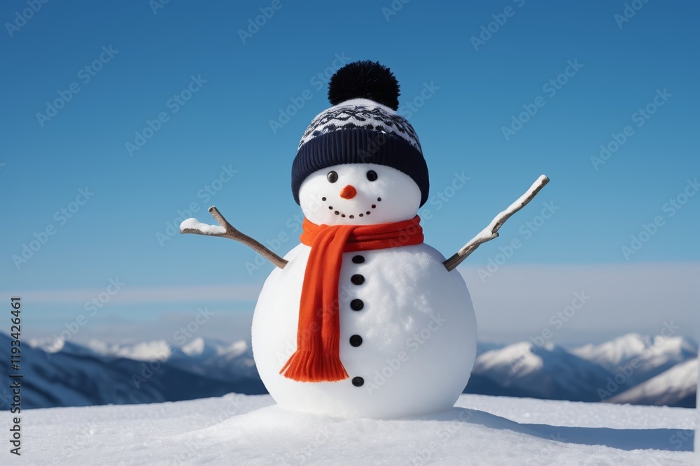 Obraz premium snowman with orange scarf and hat on top of snowy mountain
