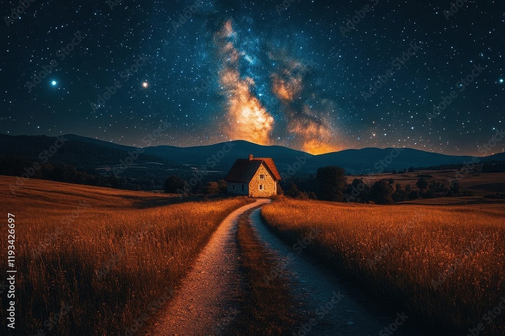 Fototapeta premium quaint village with winding pathways, a solitary house nestled under a mesmerizing galaxy sky, stars twinkling overhead, celebrating the serene charm of countryside life