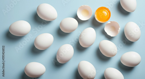 White Eggs and One Cracked Egg with Bright Yolk on Light Blue Background photo