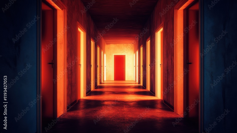 Mysterious Corridor with Glowing Doors Mysterious Corridor with Glowing Doors